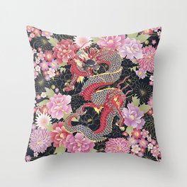 JAPANESE DRAGON & FLORAL KIMONO PRINT Throw Pillow