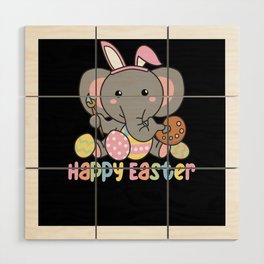 Happy Easter Cute Elephant Easter With Easter Eggs Wood Wall Art