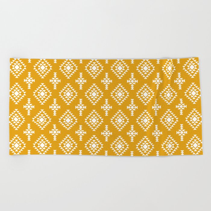 Mustard and White Native American Tribal Pattern Beach Towel