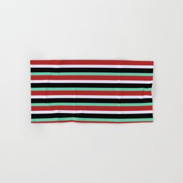 [ Thumbnail: Aquamarine, Red, Lavender, and Black Lined Pattern Hand & Bath Towel ]