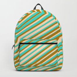 [ Thumbnail: Bisque, Turquoise, and Dark Goldenrod Colored Lines Pattern Backpack ]
