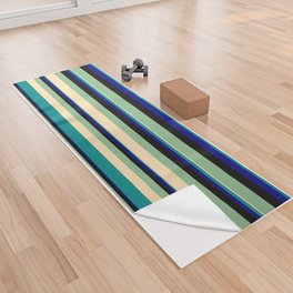 [ Thumbnail: Vibrant Dark Sea Green, Beige, Dark Cyan, Blue & Black Colored Striped/Lined Pattern Yoga Towel ]