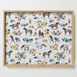 Horses and Flowers, Floral Horses, Western, Horse Art, Horse Decor, Gray Serving Tray