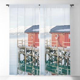 Red Cabin in Norway Photo | Clear Water Lake Art Print | Colorful Winter Landscape Travel Photography Blackout Curtain