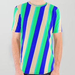 [ Thumbnail: Cyan, Green, Blue & Beige Colored Lined Pattern All Over Graphic Tee ]