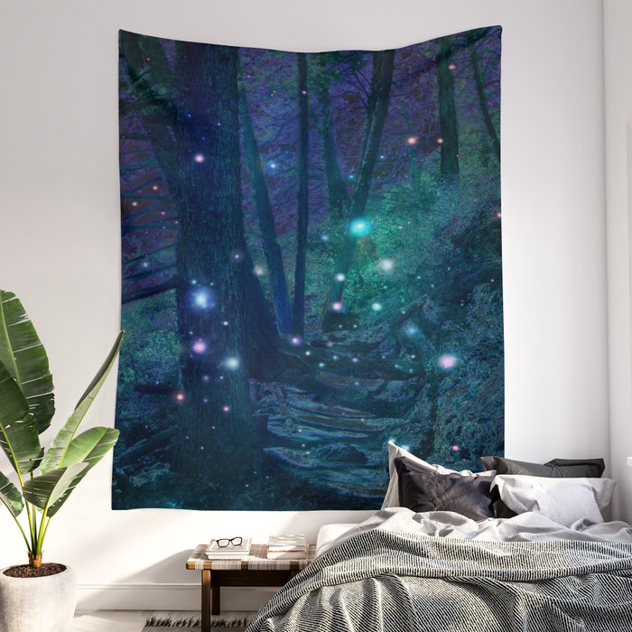 Fairy lights store around tapestry