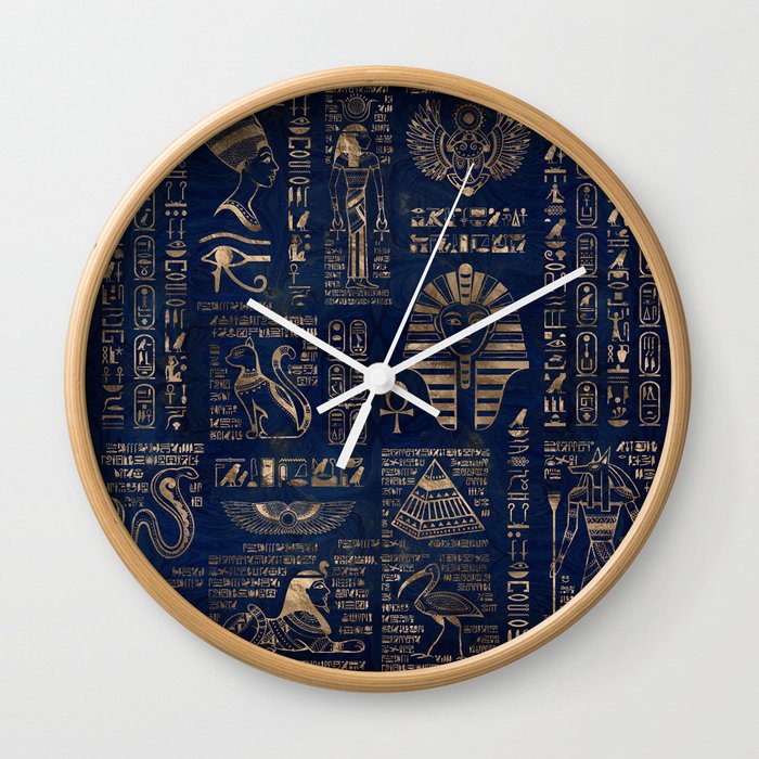 Egyptian hieroglyphs and deities-gold on blue marble Wall Clock