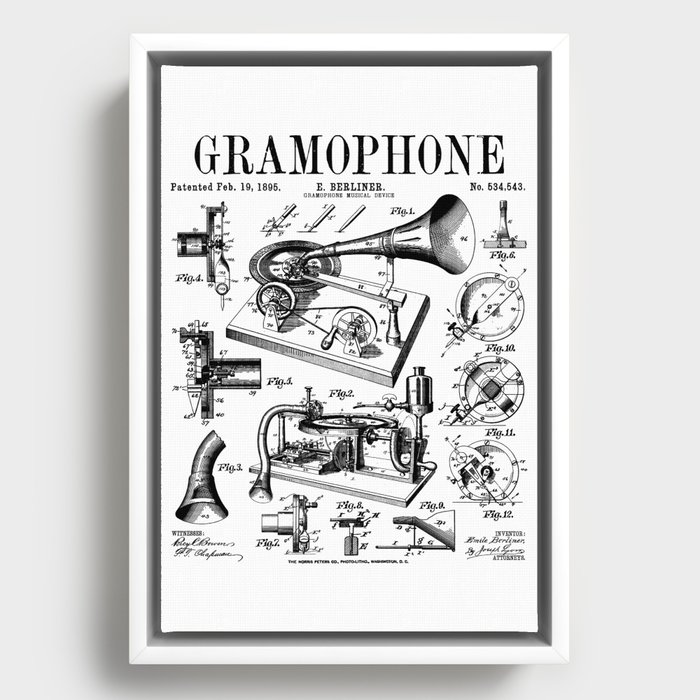 Gramophone Vinyl Record Lover Musician DJ Vintage Patent Framed Canvas