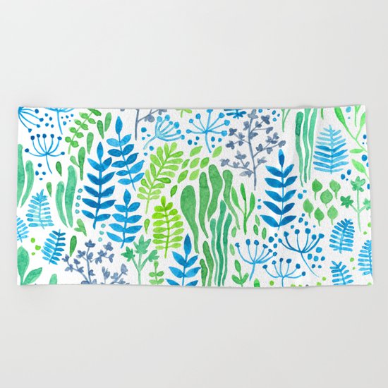 Watercolor floral doodles white Beach Towel