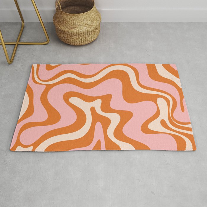 Liquid Swirl Retro Abstract Pattern in Orange Pink Cream Rug