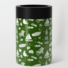 Green And White Summer Beach Elements Pattern Can Cooler