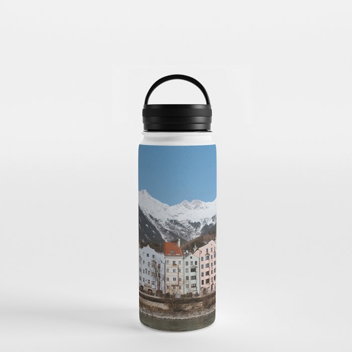 Pastel Houses & Snow mountains, Innsbruck, Austria | Europe Travel print home decor, fine art Water Bottle