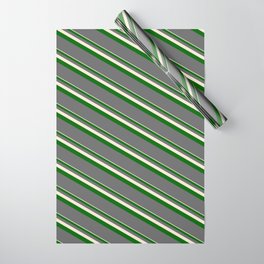 [ Thumbnail: Beige, Dark Green & Dim Grey Colored Lines/Stripes Pattern Wrapping Paper ]