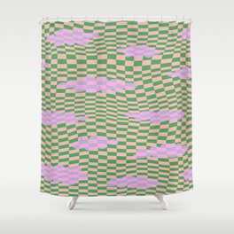 Trippy checkered sky with pink clouds Shower Curtain