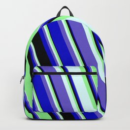 [ Thumbnail: Green, Light Cyan, Slate Blue, Blue, and Black Colored Stripes Pattern Backpack ]