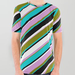 [ Thumbnail: Colorful Plum, Green, Dark Turquoise, Black, and White Colored Lined/Striped Pattern All Over Graphic Tee ]