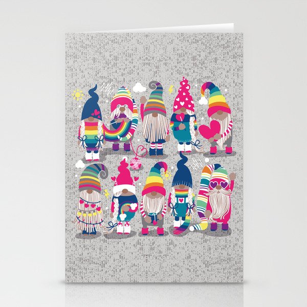 I gnome you // grey background little happy and lovely gnomes with rainbows fuchsia pink hearts Stationery Cards