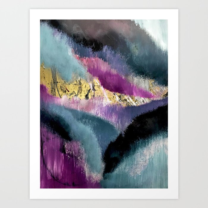 Gemini: a vibrant, colorful abstract piece in gold, purple, blue, black, and white Art Print