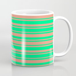 [ Thumbnail: Green and Dark Salmon Colored Lined Pattern Coffee Mug ]