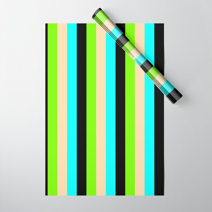 Aqua, Tan, Green, and Black Colored Stripes Pattern Wrapping Paper