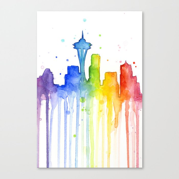 Seattle Skyline Rainbow Watercolor Canvas Print By Olechka Society6