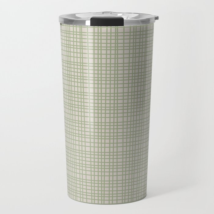 Fine Weave Retro Mid Century Modern Minimalist Woven Line Pattern in Sage and Beige Travel Mug