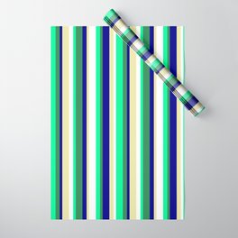 [ Thumbnail: Vibrant Pale Goldenrod, White, Green, Sea Green & Dark Blue Colored Lined Pattern Wrapping Paper ]