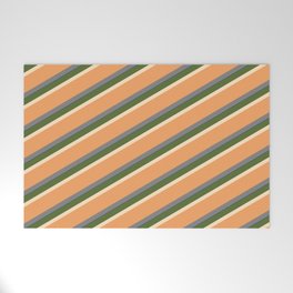 [ Thumbnail: Vibrant Dark Olive Green, Bisque, Brown, Gray, and Dark Blue Colored Striped Pattern Welcome Mat ]