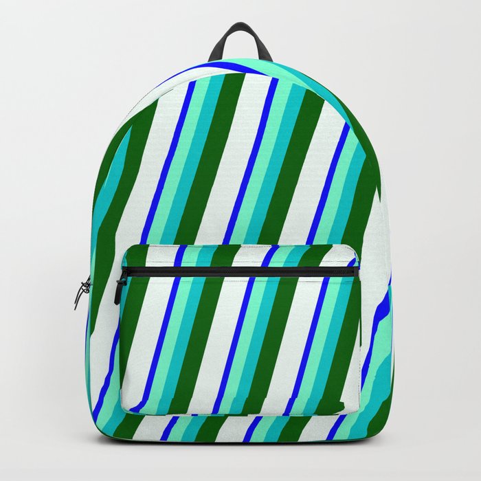 Blue, Aquamarine, Dark Turquoise, Dark Green & Mint Cream Colored Stripes/Lines Pattern Backpack