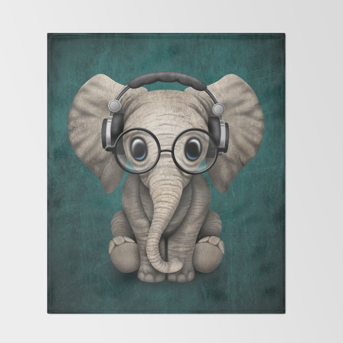 Cute Baby Elephant Dj Wearing Headphones And Gles On Blue Throw Blanket Cute Baby Elephant Dj Wearing Headphones And Gles On Blue Throw Blanket