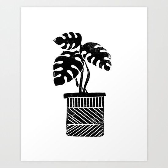 Linocut cheese plant monstera tropical leaf lino print black and white illustration art home dorm Art Print