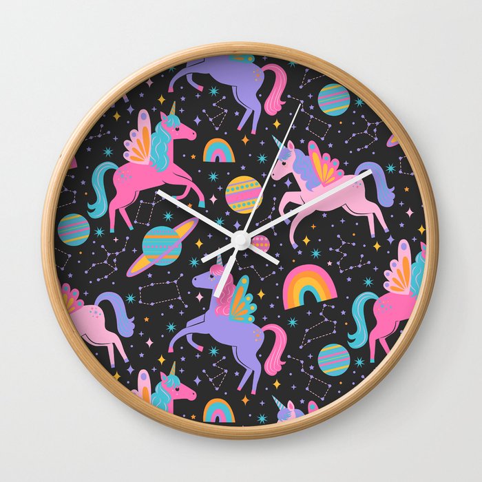 Space Unicorns - Neon Rainbow on Black Wall Clock