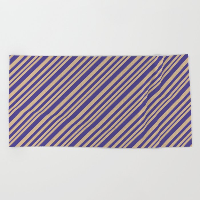 Tan and Dark Slate Blue Colored Lines Pattern Beach Towel