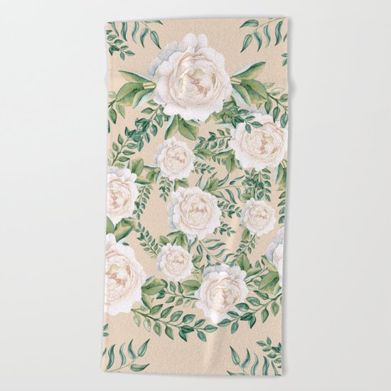 Garden Roses Mandala Pink Green Cream Beach Towel