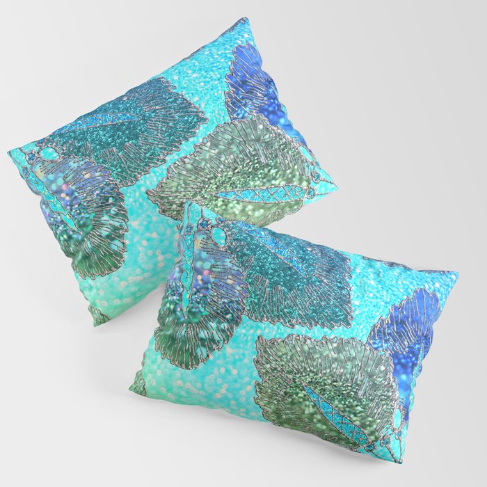 Aqua Green and Blue Glitter Flowers Pillow Sham