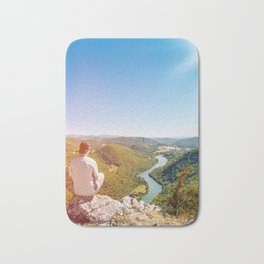 Rear view men looking at Ain valley mountains in summer Bath Mat | Men, Man, Back, View, Rearview, Photo, Landscape, Rear, Majestic, France 