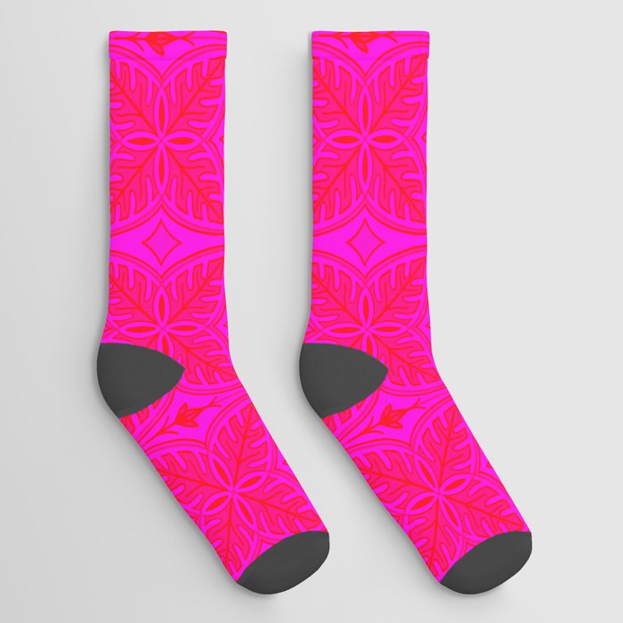 Retro Tropical Hot Pink and Red Monstera Leaves Socks