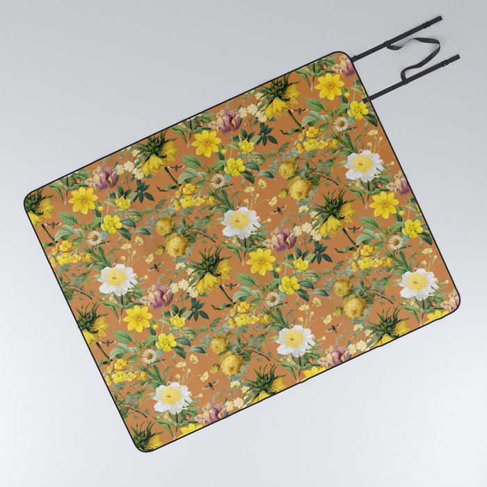Blooming Garden - Warm Colors Botanical Illustration collage Picnic Blanket