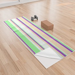 [ Thumbnail: Dark Orchid, Tan, Mint Cream, and Green Colored Stripes Pattern Yoga Towel ]