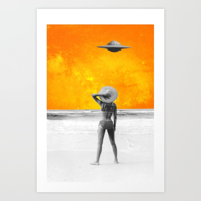 UFO Sighting Beach Bikini Girl Vintage Yellow Retrowave