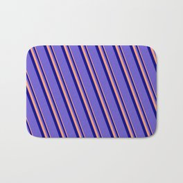 [ Thumbnail: Light Salmon, Blue, and Slate Blue Colored Stripes Pattern Bath Mat ]