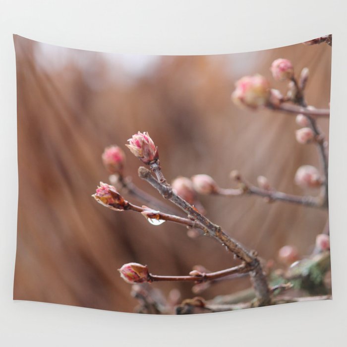 New Life -  Fresh Spring Buds after rain, Rose and earth tones, Nature Photography Macro Wall Tapestry