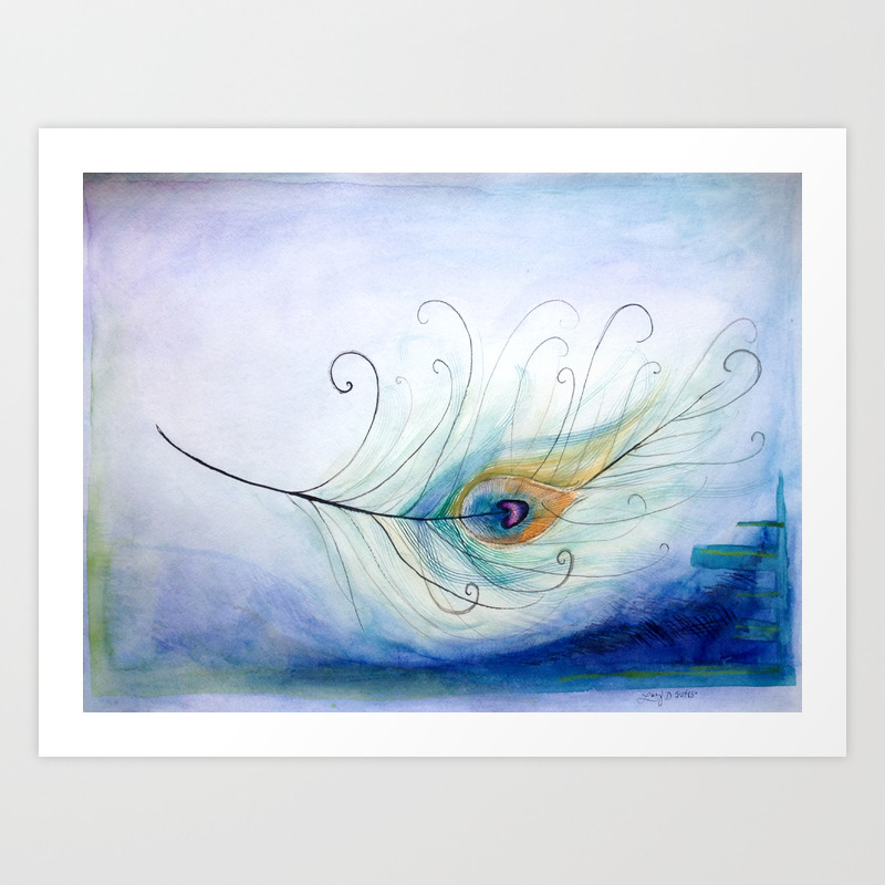Doodle Peacock Feather Watercolor Ink Painting Art Print By