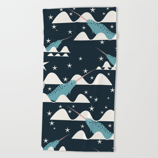 narwhal in ocean blue Beach Towel