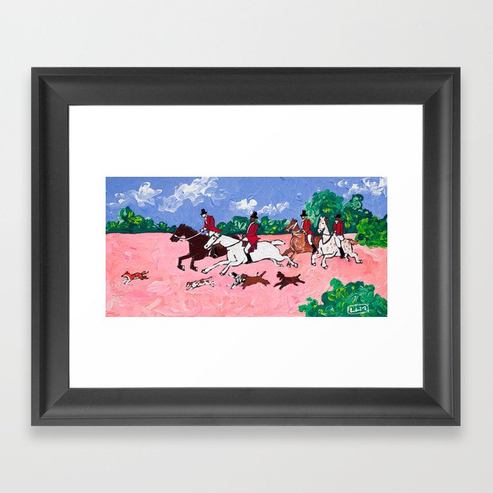British Hunting Scene on Pink, Pop Art Horse and Dogs Painting Framed Art Print