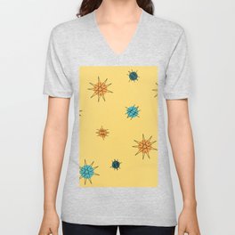 Atomic Age Starburst Planets Yellow Orange Blue V Neck T Shirt