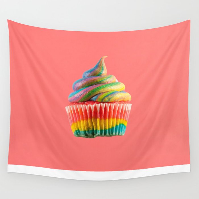 Cupcake Love | Rainbow Swirls on Coral Wall Tapestry