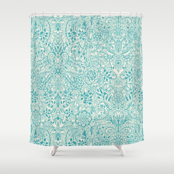 Detailed Floral Pattern in Teal and Cream Shower Curtain