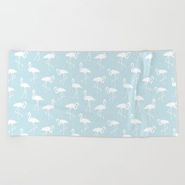 White flamingo silhouettes seamless pattern on baby blue background Beach Towel