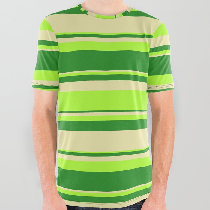 Light Green, Forest Green, and Pale Goldenrod Colored Lines Pattern All Over Graphic Tee
